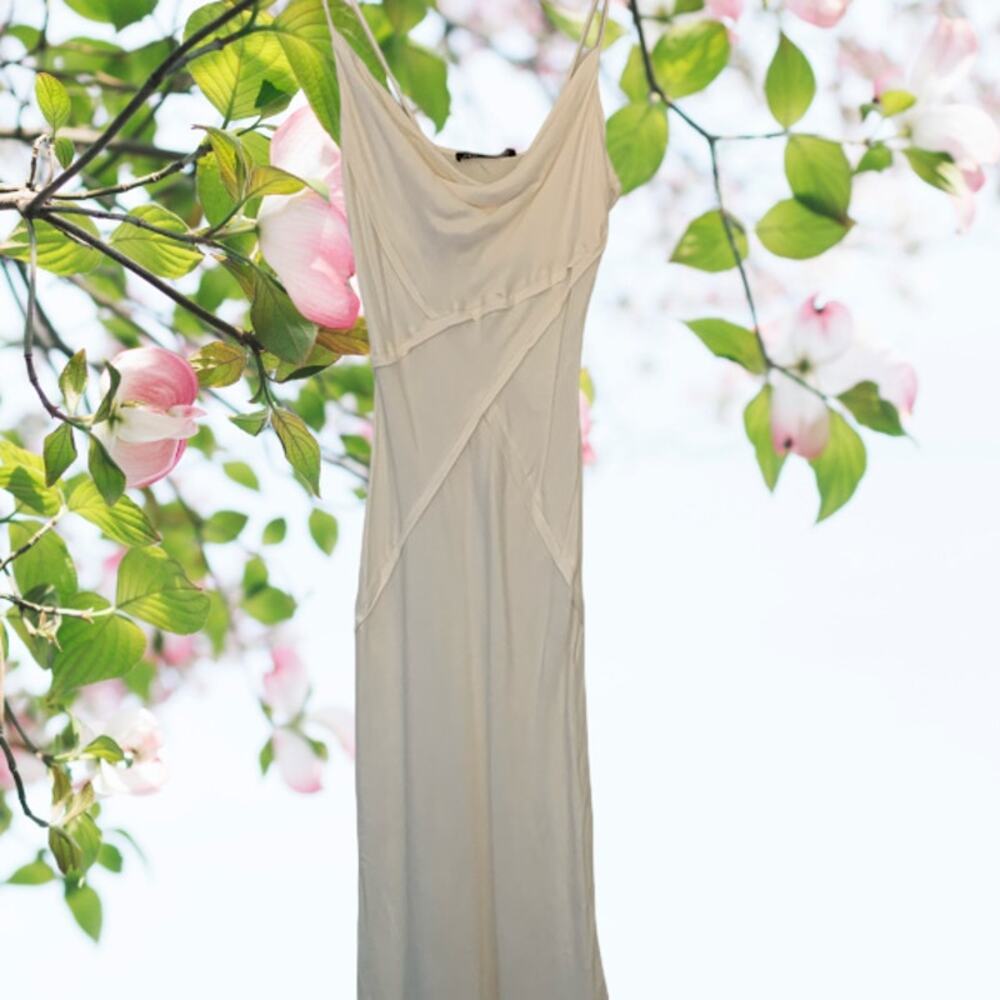 NWT - Zara Satin Effect Cream Midi Cowll Neck Slip Dress Size: XS